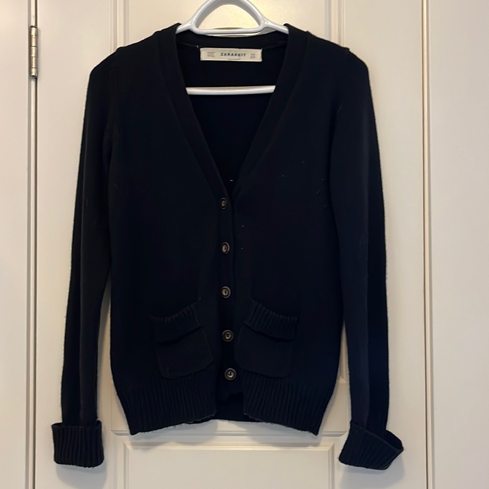 Zaraknit black cardigan. Good used condition. Acrylic, nylon angora blend.